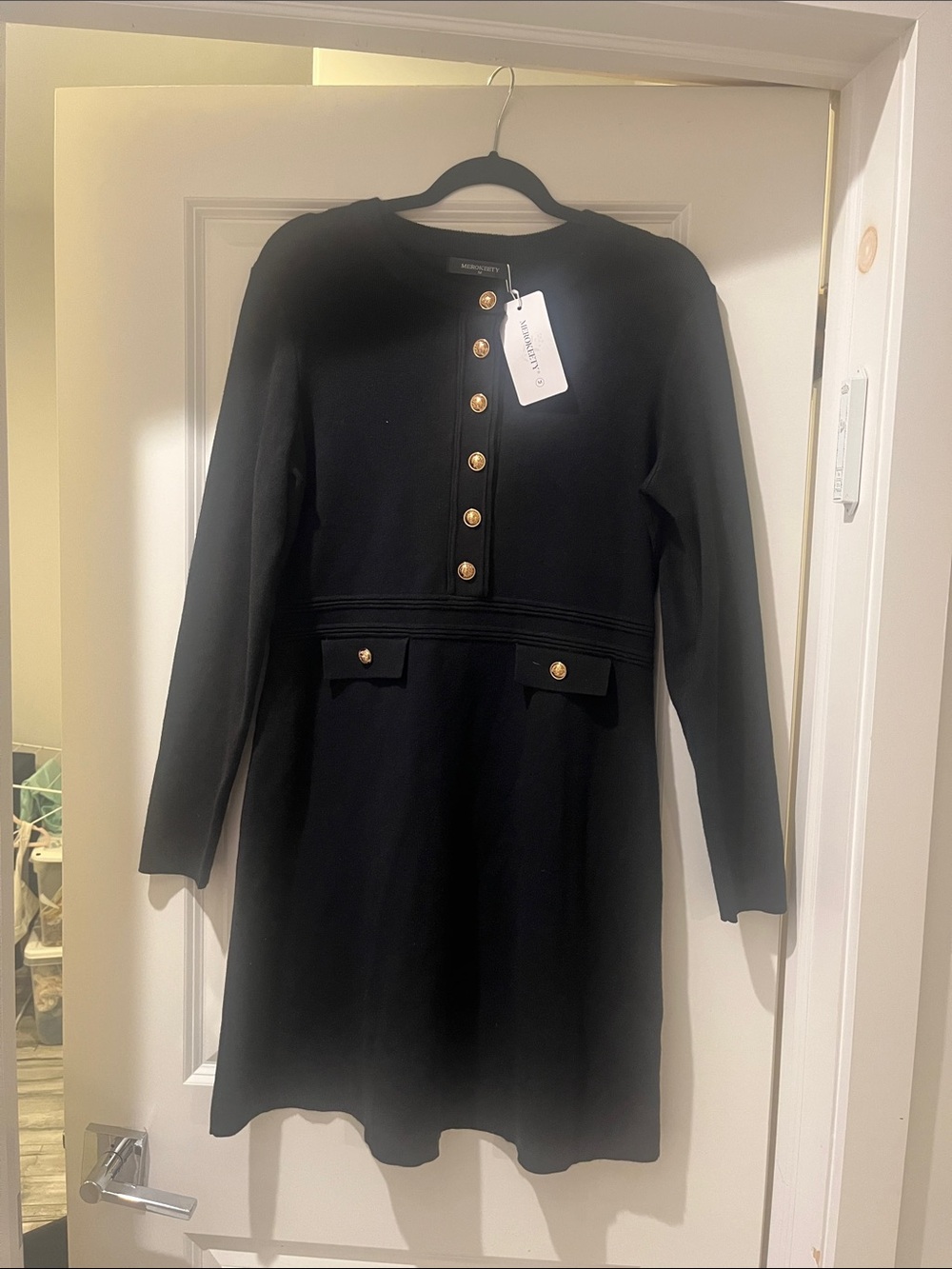 Black Long-Sleeve Button Front Dress with Gold Accents (sweater material)